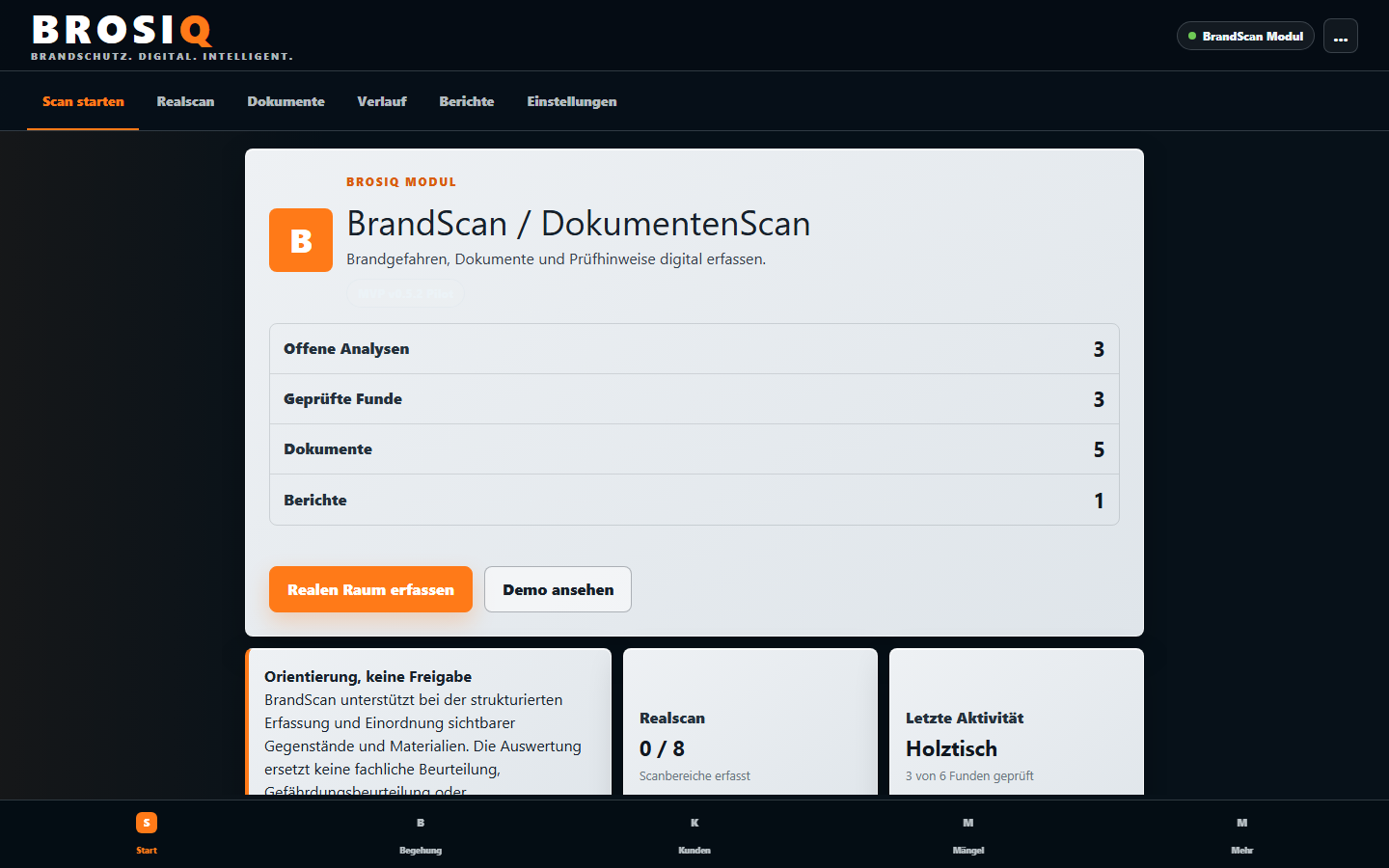BROSIQ Modulansicht BrandScan mit offenen Analysen, geprüften Funden, Dokumenten und Berichten